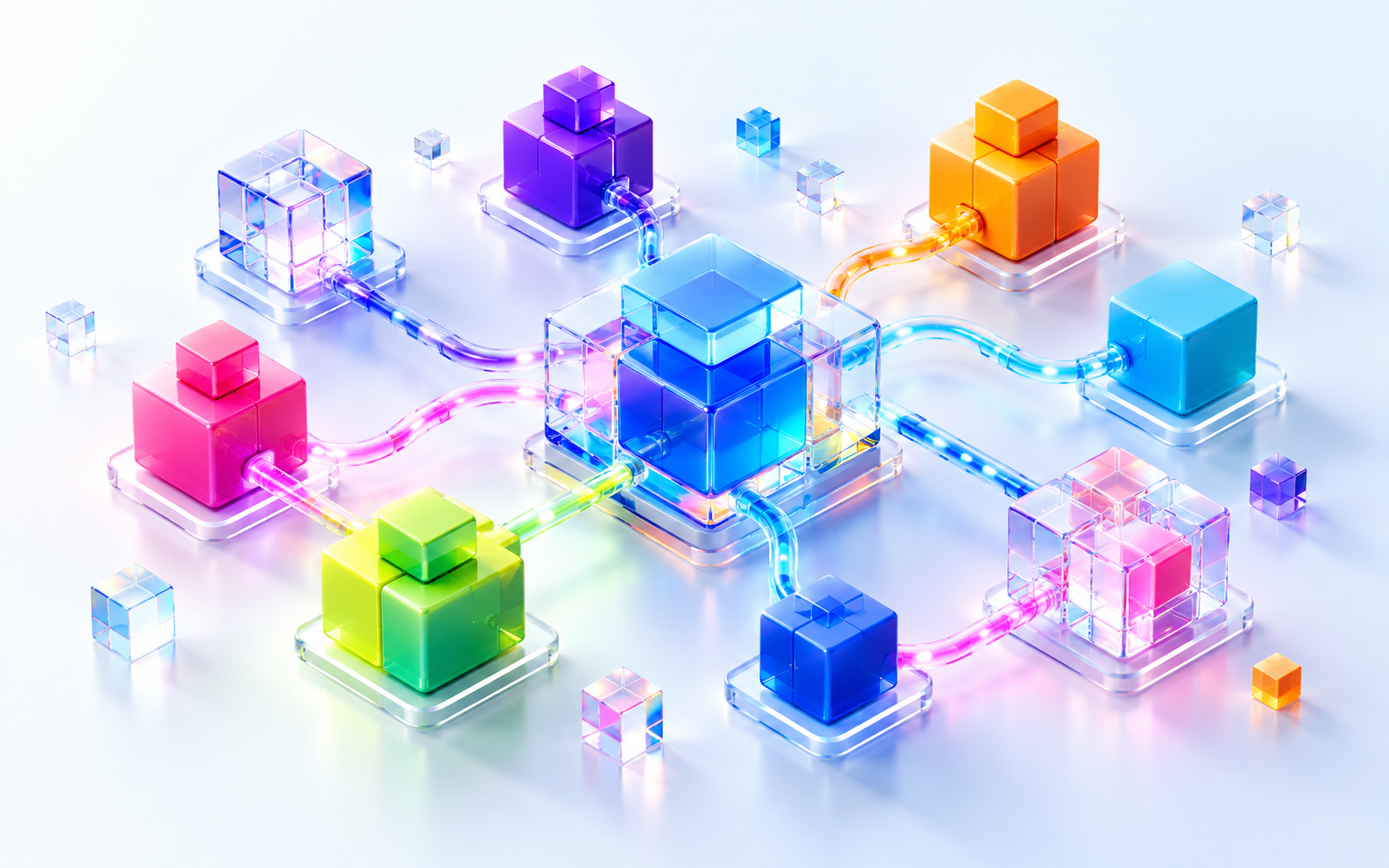 Prismatic API building blocks joined by luminous connections on a bright surface